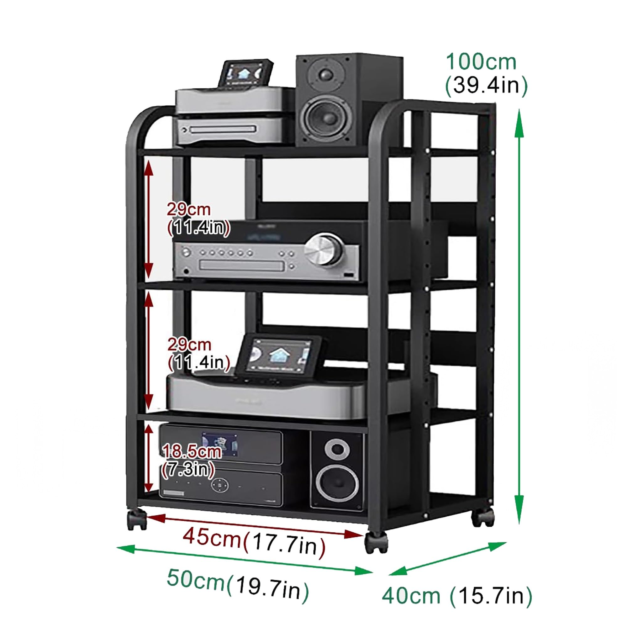 Przenośny stojak multimedialny AV HiFi półka audio-wideo konsola multimedialna do biura i sypialni wózek na kółkach do sprzętu audiowizualnego 50 x 40 x 100 cm stereo