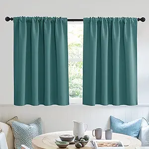 RYB HOME Half Window Curtains - Insulated Blackout Curtain Set Energy Efficiency for Kids Nursery Kitchen Dining Bedroom Bathroom Laundry, 52 inch Wide x 36 inch Long, Teal, 1 Pair