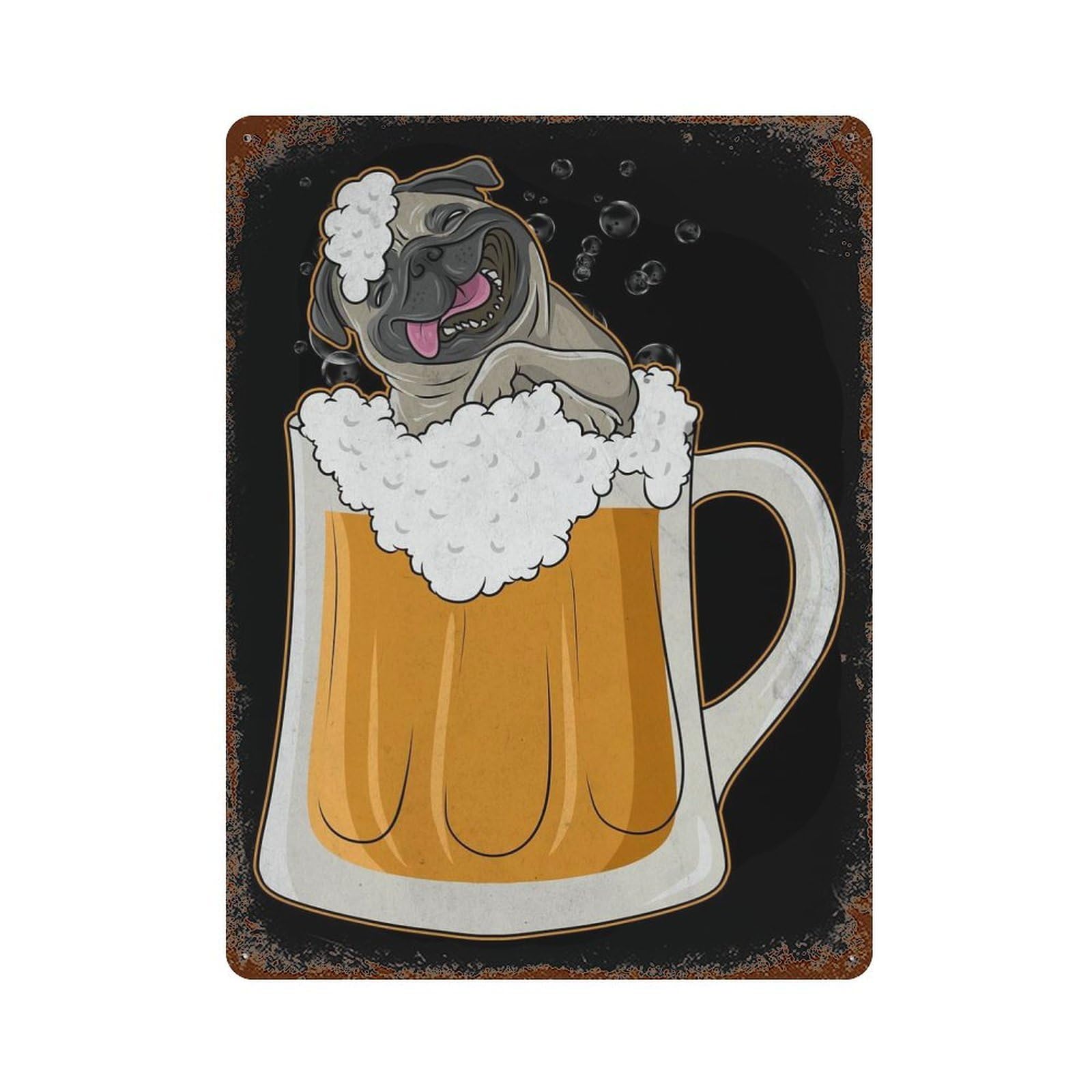 Pug Dog Beer Drinking Part Decorative Tin Sign 15.7"x11.8", Industrial Home Decor for Garage, Pub Or Kitchen