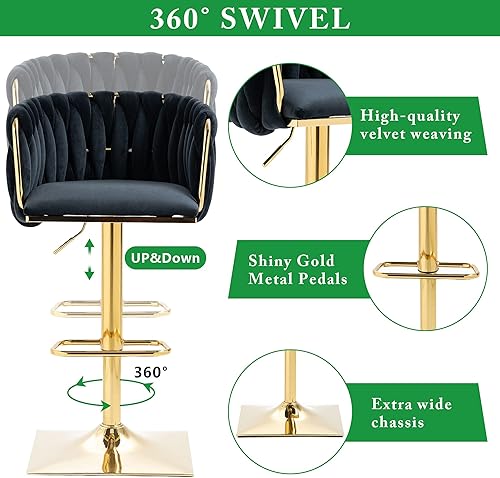 Miniatura 44 de SZLIZCCC Taburete de bar ajustable de terciopelo moderno, taburete de bar giratorio de 360 grados, taburete de isla de cocina curvado con respaldo
