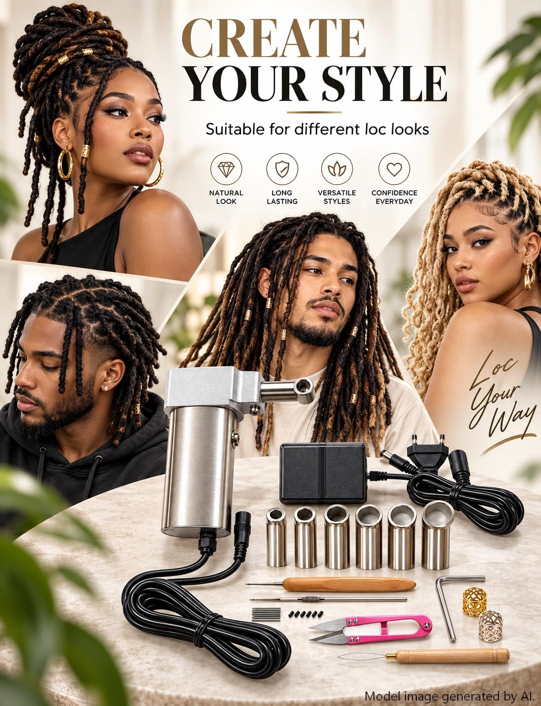 Macchina per Dreadlocks portatile, Creatore di Dreadlocks veloce e facile da usare per fai da te, con aghi per uncinetto da 6/8/10/12/14/16 mm per capelli naturali e sintetici + accessori