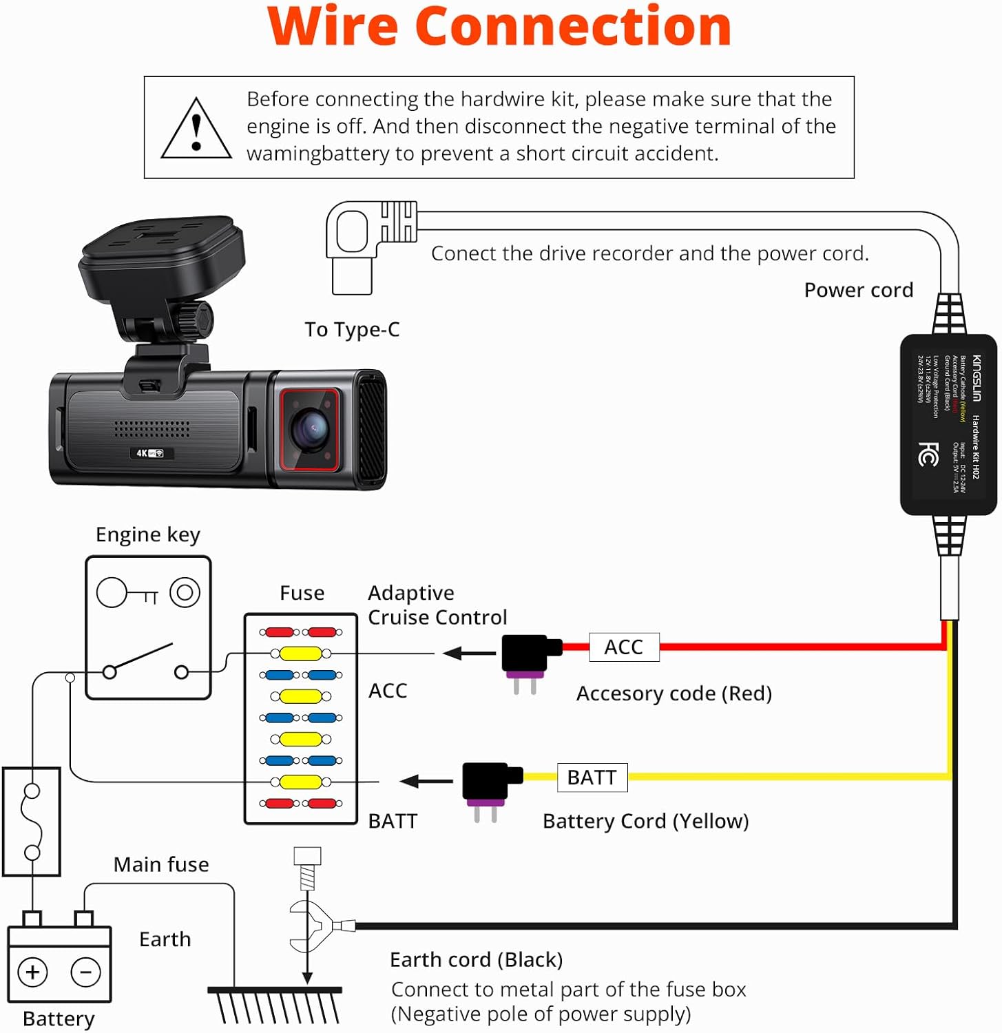 Kingslim H02 Dash Cam Hardwire Kit 11.5ft, Type C/Mini USB 2 in 1 for Dash Camera, Converts 12V-24V to 5V/2.5A Low Voltage Protection Enables Parking Mode for Kingslim Series Dashcams