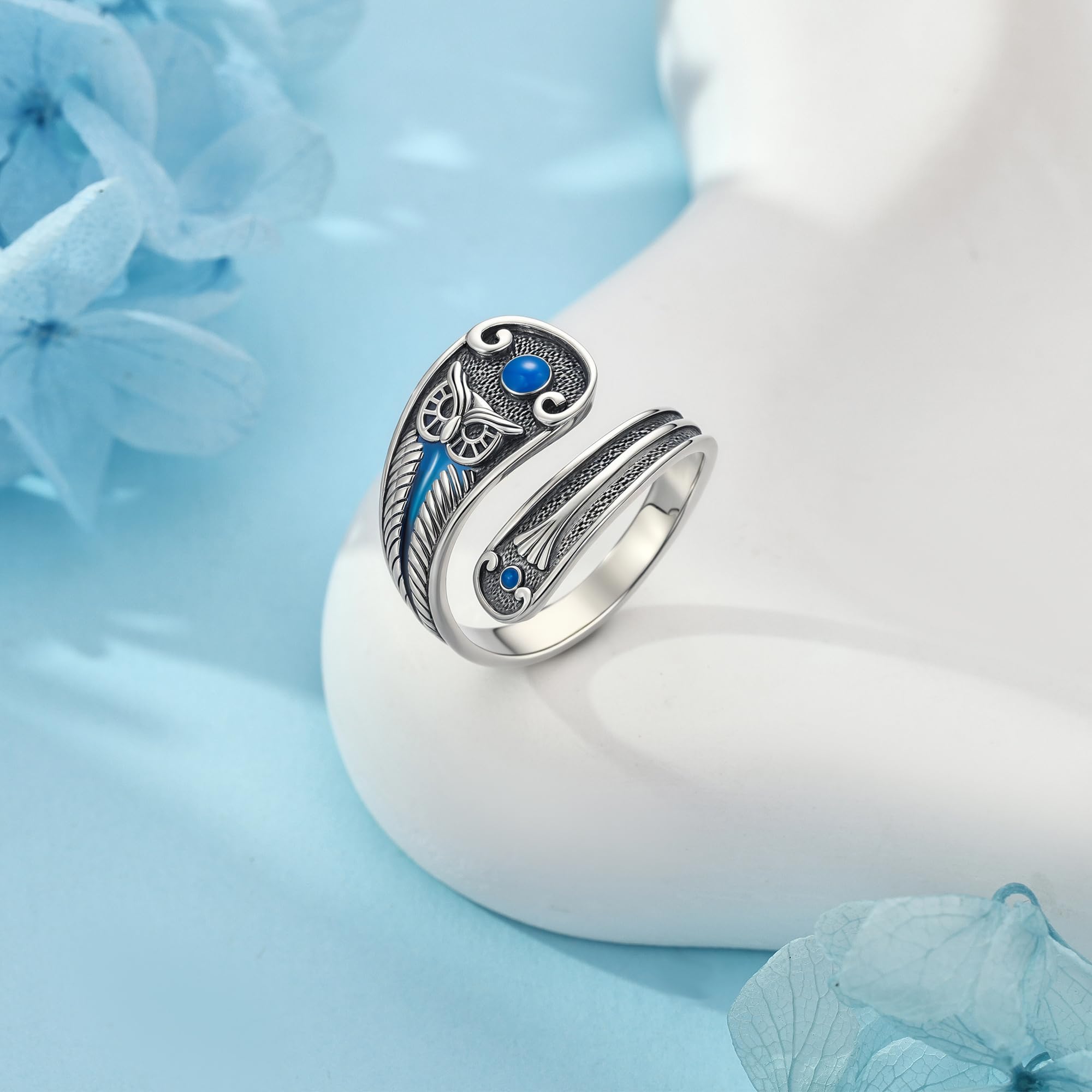 DAYLINLOVE Tier-Löffel-Ring aus 925er Sterlingsilber mit Türkis Frosch/Libelle/Schildkröte/Oktopus/Eule Verstellbarer Ring Daumenring Tier Schmuck Geschenk für Frauen