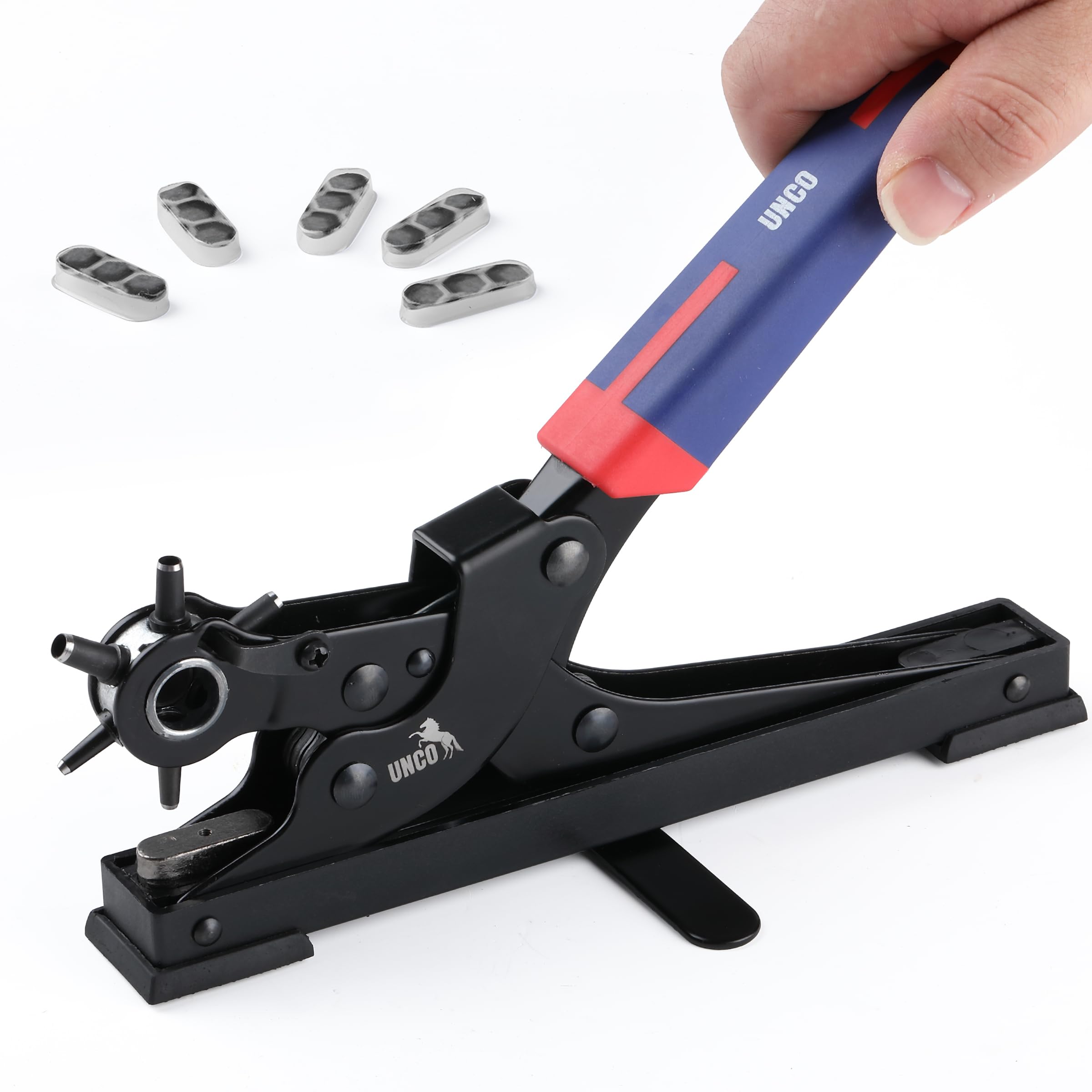 UNCO- Desktop Leather Hole Punch Tool, 6 Punch Sizes, Belt Hole Puncher for Leather, Dog Collars, Watch Straps, Footwear, Fashion Accessories and