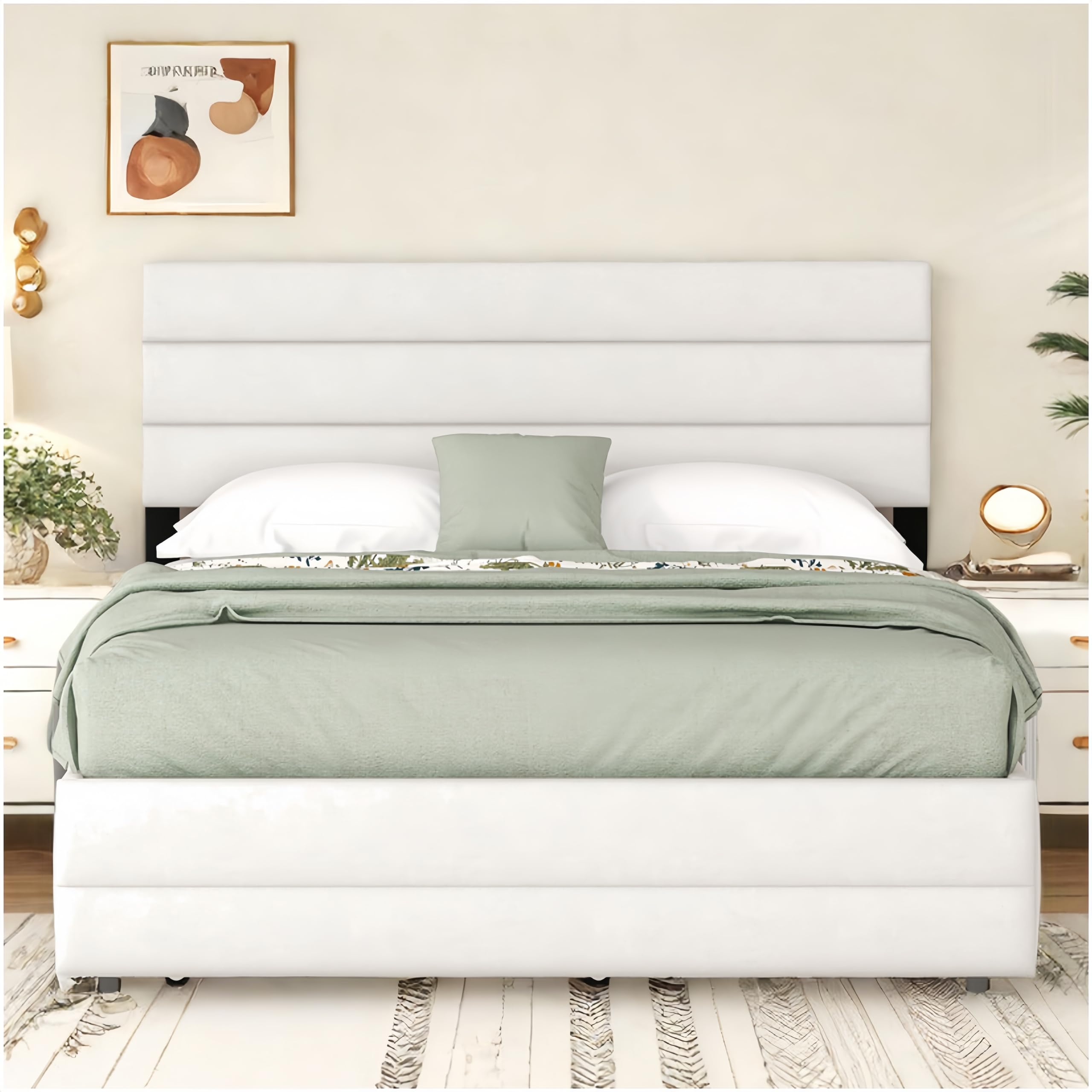 Sapgaks Cama de matrimonio de 140 x 200 cm, cama doble con canapé, con cama nido para dos personas (beige)