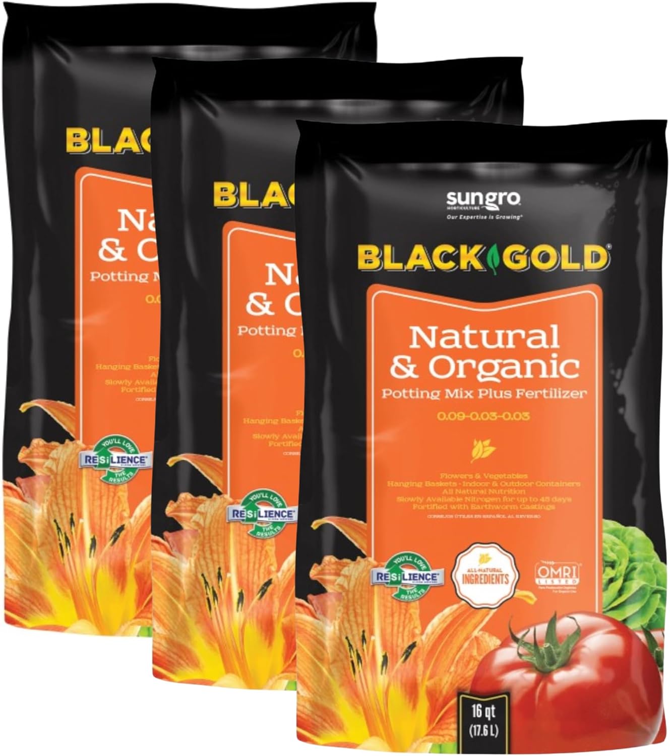 Black Gold Organic in/Outdoor Potting Soil, 16 Quart Bag (3)