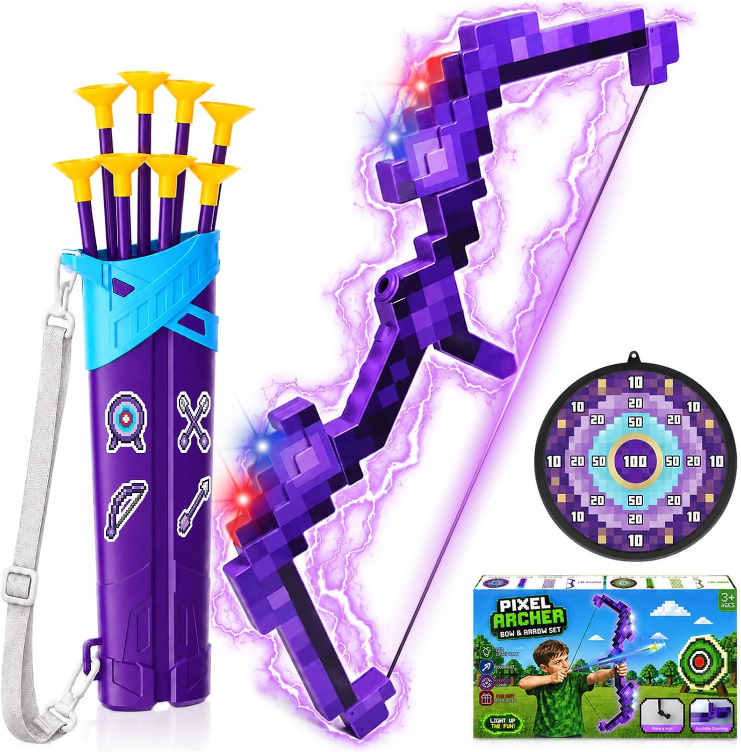 CINKOLA Kids Bow and Arrow Set,Pixel Theme Party Favors Toys Gifts for 6 7 8 9 10 12 Year Old Boy LED Light Archery Toy Set,Indoor and Outdoor Toys for Kids Ages 6-8 8-12 (Purple)