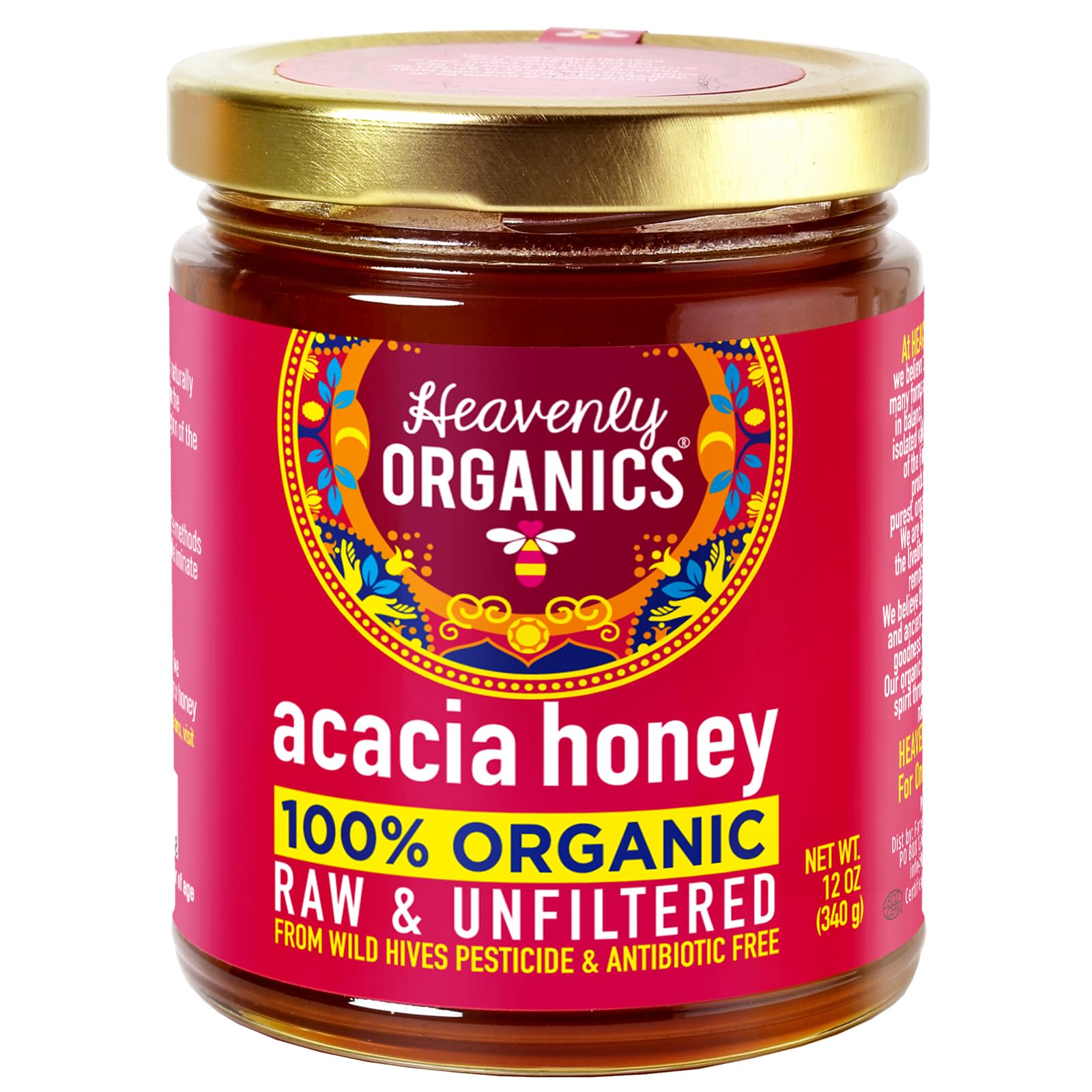 Heavenly Organics 100% Organic Raw Acacia Honey (12oz) Lightly Filtered - Made from Wild Beehives & Free Range Bees; Dairy, Nut, & Gluten Free, Kosher