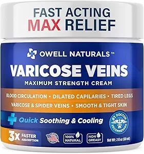 OWELL NATURALS Natural Varicose Veins Cream Treatment for Legs, Soothing Leg Cream with Arnica and MSM, Spider Veins Treatment, Fast Relief for Tired and Heavy Legs, 2oz (2 Fl Oz (Pack of 1))