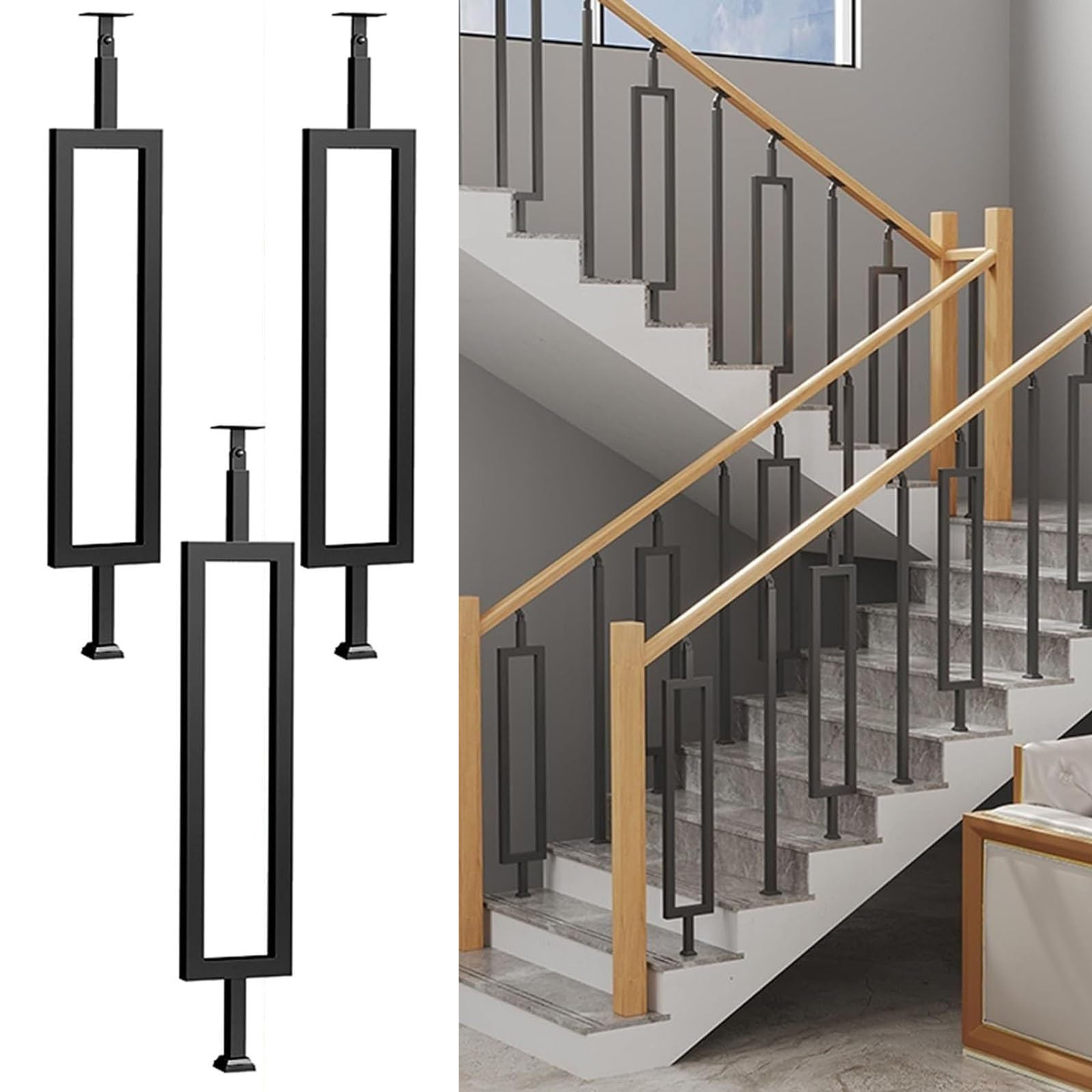 Adjustable Iron Stair Railing - Rectangular il with Non-Slip Support, Safe Stair Banister, Forged Iron Guardrail for Stairs