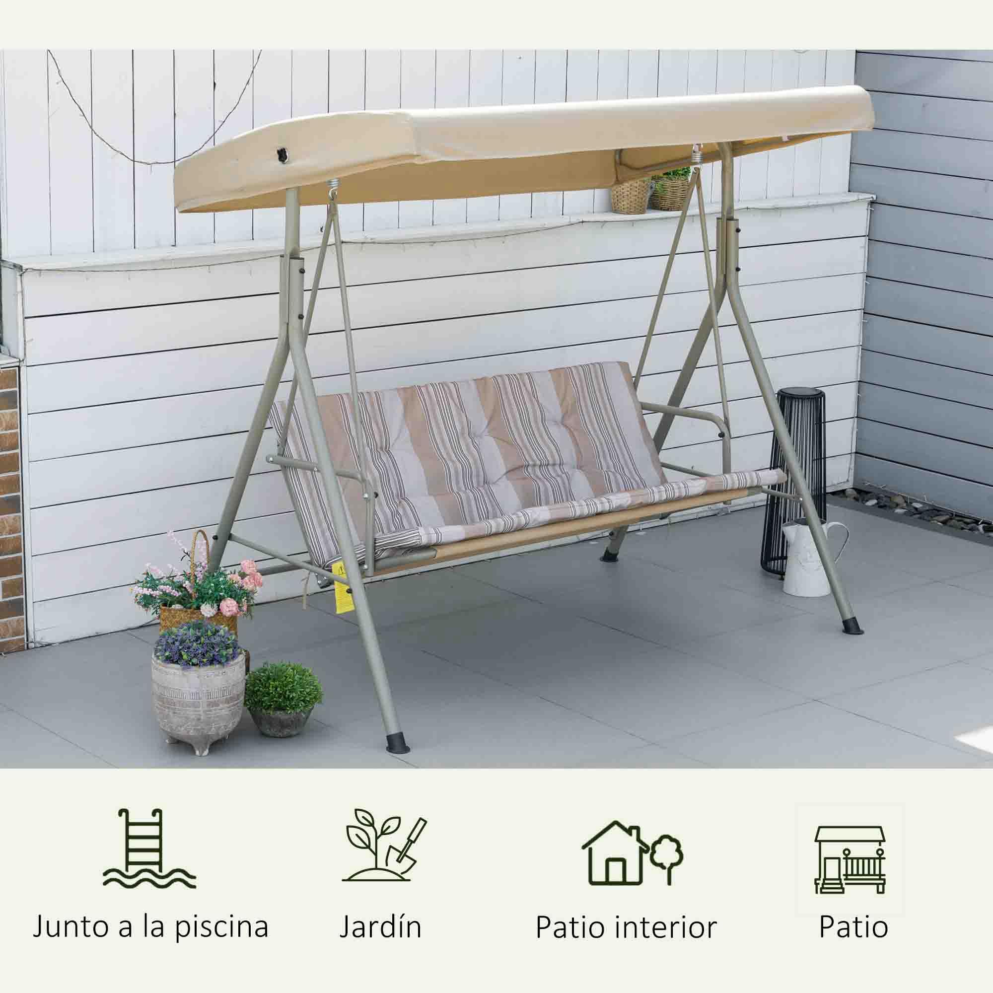 Outsunny Columpio de Jardín Exterior de 3 Plazas, Balancín de Jardín Exterior con Techo Ajustable y Marco de Acero, para Balcón, Terraza, Patio, Carga 210 kg, 172x110x156 cm, Marrón Claro