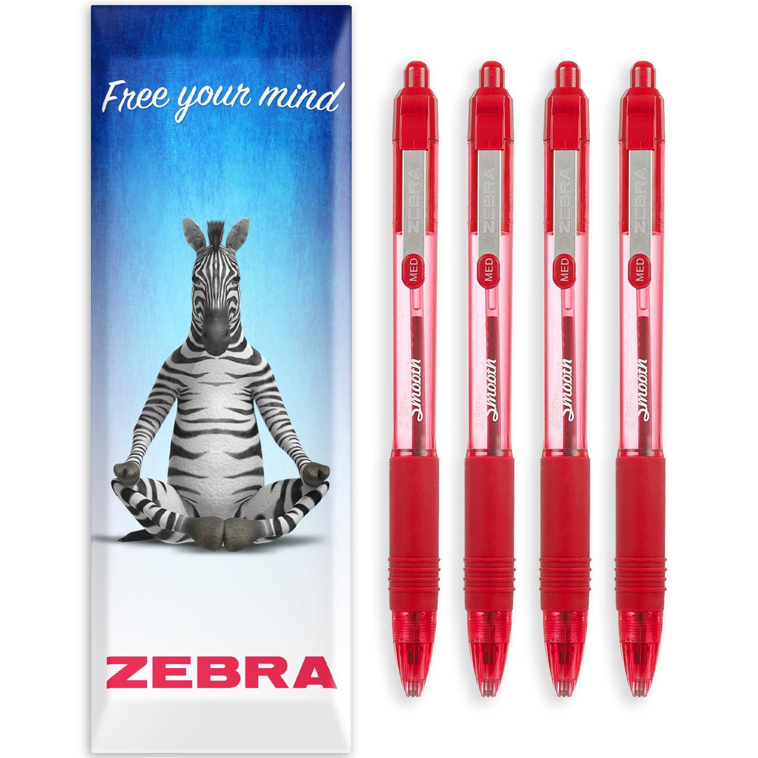 Zebra Z-Grip Smooth Ink Retractable Ballpoint Pen - 1.0mm Nib - Pack of 4 Pens - In Gift Box Packaging (Red)