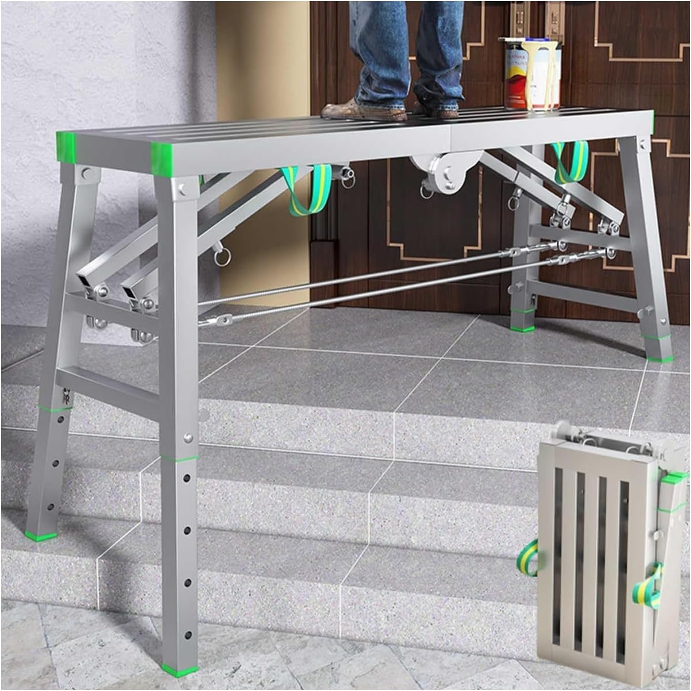 Carbon Steel Adjustable Height Work Platform-Heavy Duty Portable Scaffolding Equipment with Folding Ladders and Non-Slip Step-Bench Stool for Safety on Jobsites(160cm/5.2ft)