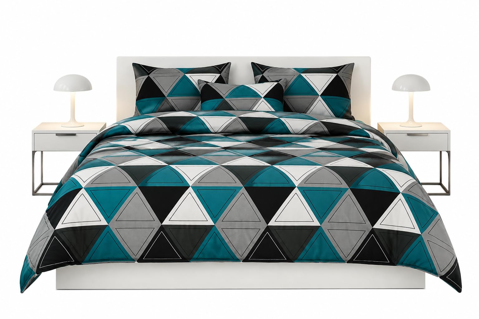 Geometric Triangle Print Comforter Bedding Set, Teal/Grey/Black | Modern Design, Includes Pillow Covers, Teal & Grey Tones, Triangle Pattern, Bedroom Decor-image-2