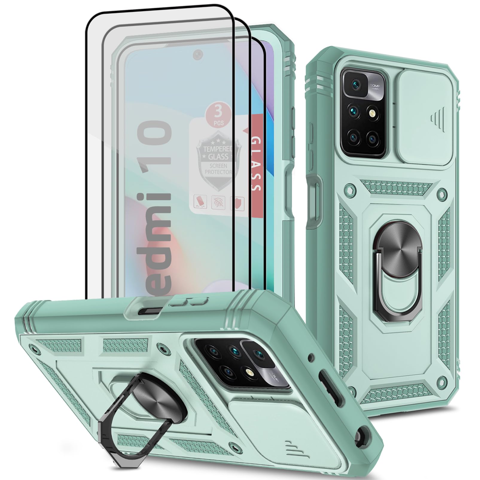 ANOUKE for Redmi 10 Case, Redmi 10 4G Cover with 3 Pcs Tempered Glass Screen Protector Built in Ring Stand Kickstand + Camera Cover, Hard PC Soft TPU