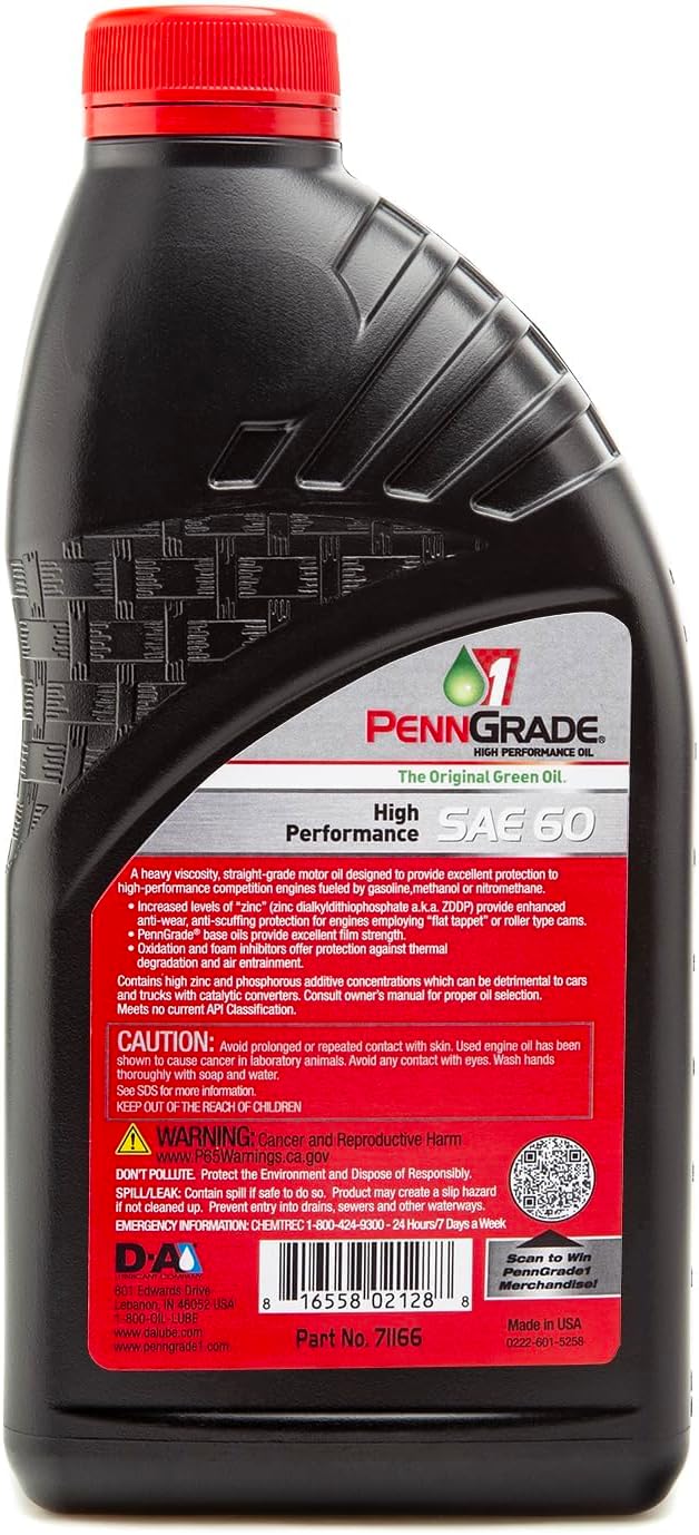 PENN GRADE 1, 71166, Monograde High Performance Oil SAE 60, 1 Quart (12 Pack)