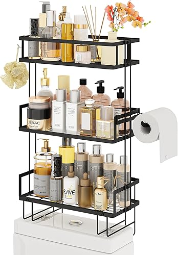 Miniatura 8 de Godboat Organizador de baño, almacenamiento de baño de 3 niveles, almacenamiento mejorado sobre el inodoro, estantes de baño con 2 ganchos, estantes