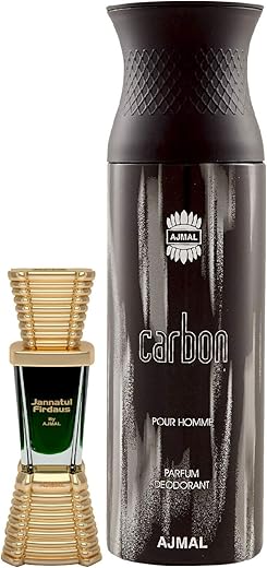 Ajmal Jannatul Firdaus Concentrated Perfume Oil Oriental Alcohol-free Attar 10ml for Unisex and Carbon Homme Deodorant Citrus Spicy Fragrance 200ml for Men FREE