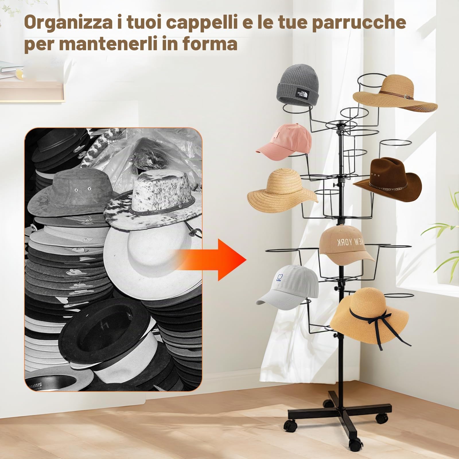 Supporto per cappelli a 5 piani, supporto girevole per parrucche, supporto per cappello, supporto per parrucche, in metallo, per cappelli, guardaroba