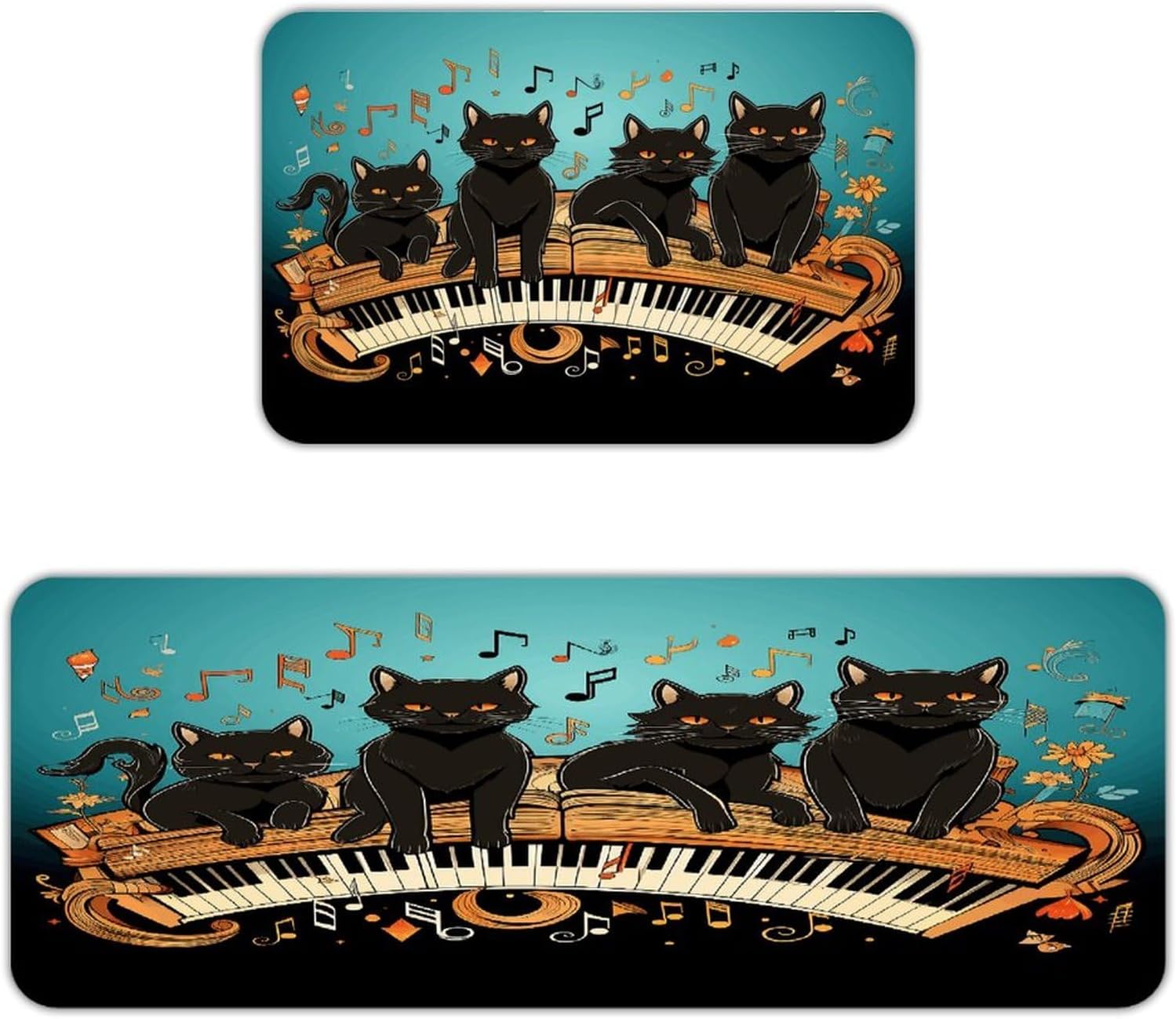Four Black Cats Lying on The Piano Keyboard Kitchen Mat Washable Non Slip Rugs Soft Kitchen Mats for Floor Set of 2 PCS Cushioned Absorbent Runner Standing Rugs for Home Sink Laundry Office