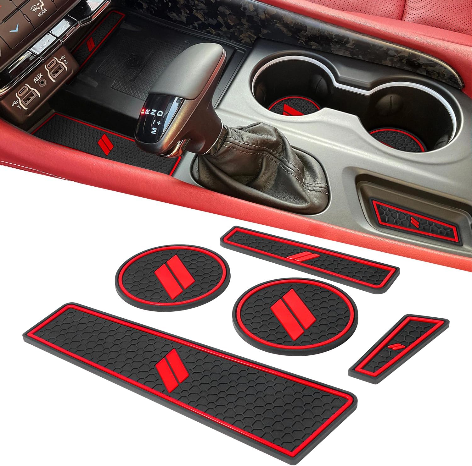 Cup Holder Inserts for Dodge Durango Accessories 2021 2022 2023 2024 2025 2026 Center Console Mat Custom Fit Silicone Cup Liners Pads Interior Decoration (5pcs/Set, Red)