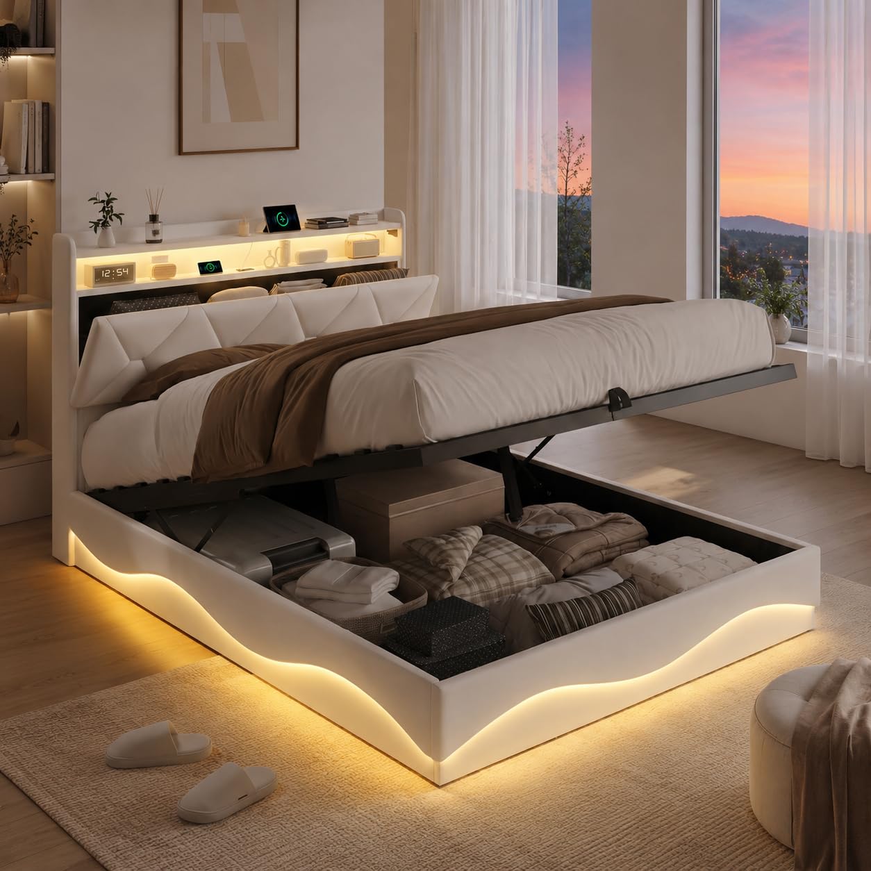 Cama con Caja Fuerte 160 x 200 cm con LED y puertos USB, camas dobles tapizadas con almacenamiento hidráulico, cabecero con estantes abiertos, camas para adultos y jóvenes, sin colchón (beige