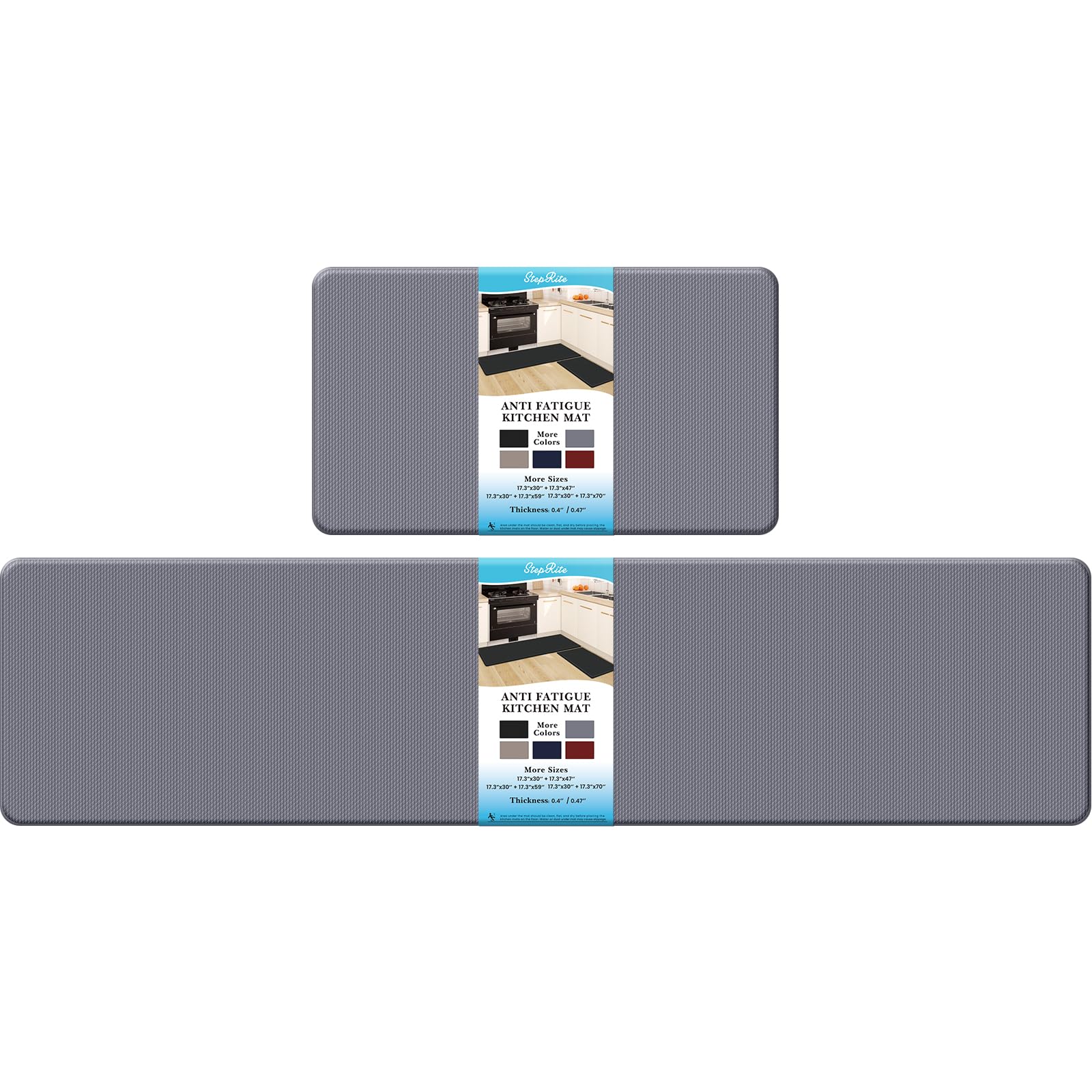 StepRite Kitchen Mats, 2PCS Kitchen Rugs, 17.3"×30"+17.3"×70" Cushioned Anti Fatigue Floor Mat, Non-Slip Standing Desk Mat, Waterproof Kitchen Rug Set for Home, Office,Grey