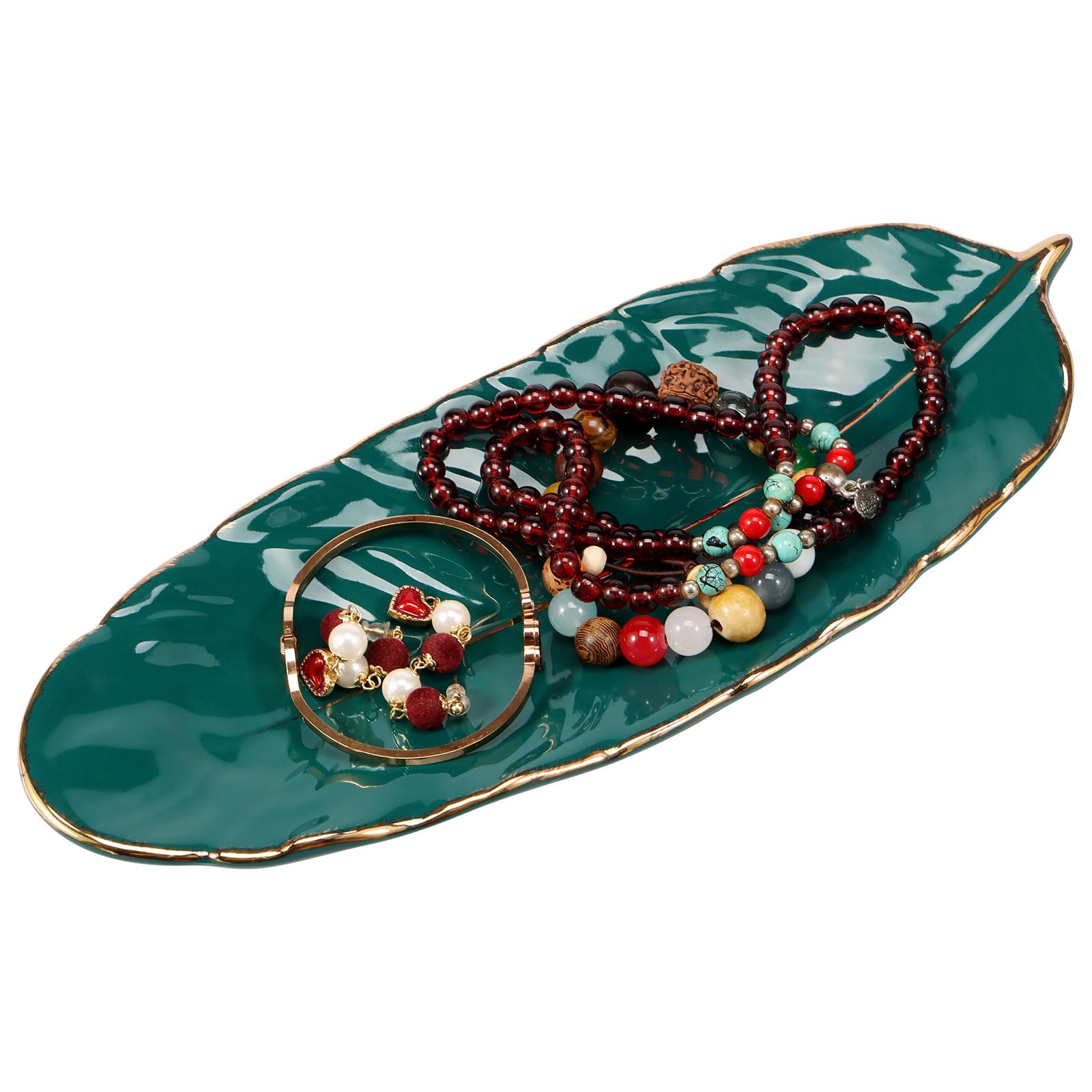Alongen Girls Green Ceramic Trinket Dish, Feather Shaped Jewellery Dish Tray, Trinket Tray For Necklace, Bracelet, Earrings, Jewelry Gifts For Friend Colleague(Green)