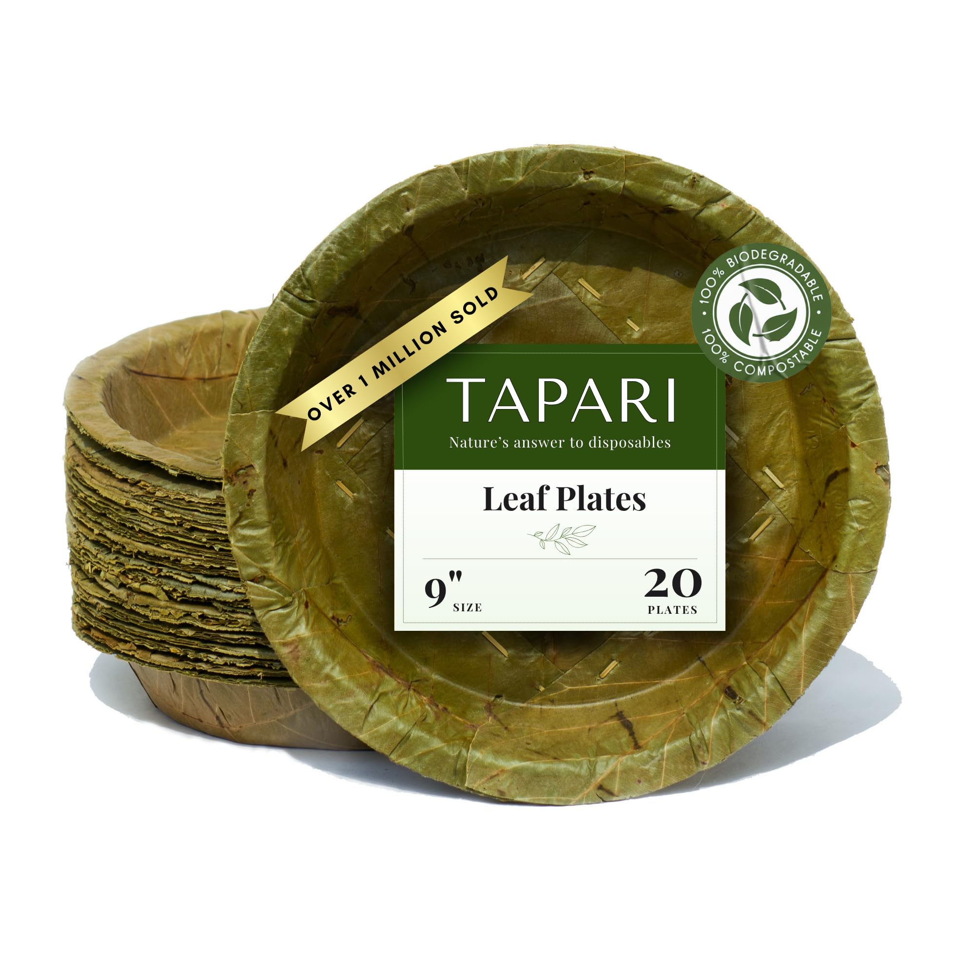 TAPARI Large Disposable Plates - 20 Pack Large Leaf Plates - 9 Inch Diameter - Strong & Eco-Friendly - 100% Compostable & Biodegradable Heavy Duty Disposable Plates - Bulk Party Plates - Sal Leaf