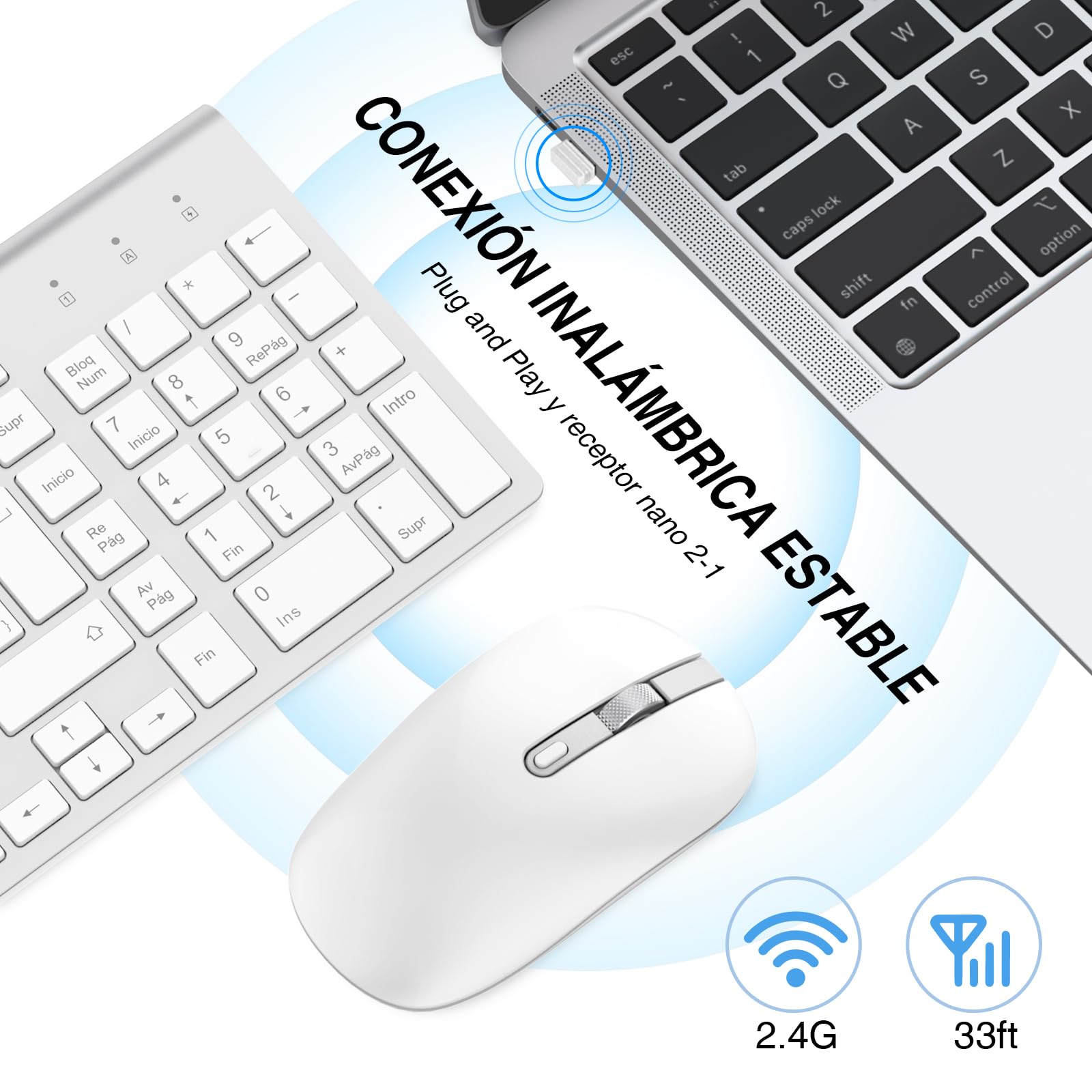 cimetech Combo Teclado y Ratón Inalambrico, 2.4G Teclado Raton Inalambrico Español 2 en 1 USB Ultra Delgado Silencioso Mouse, para PC/Laptops/Ordenador/Escritorio (Blanco y Plata)