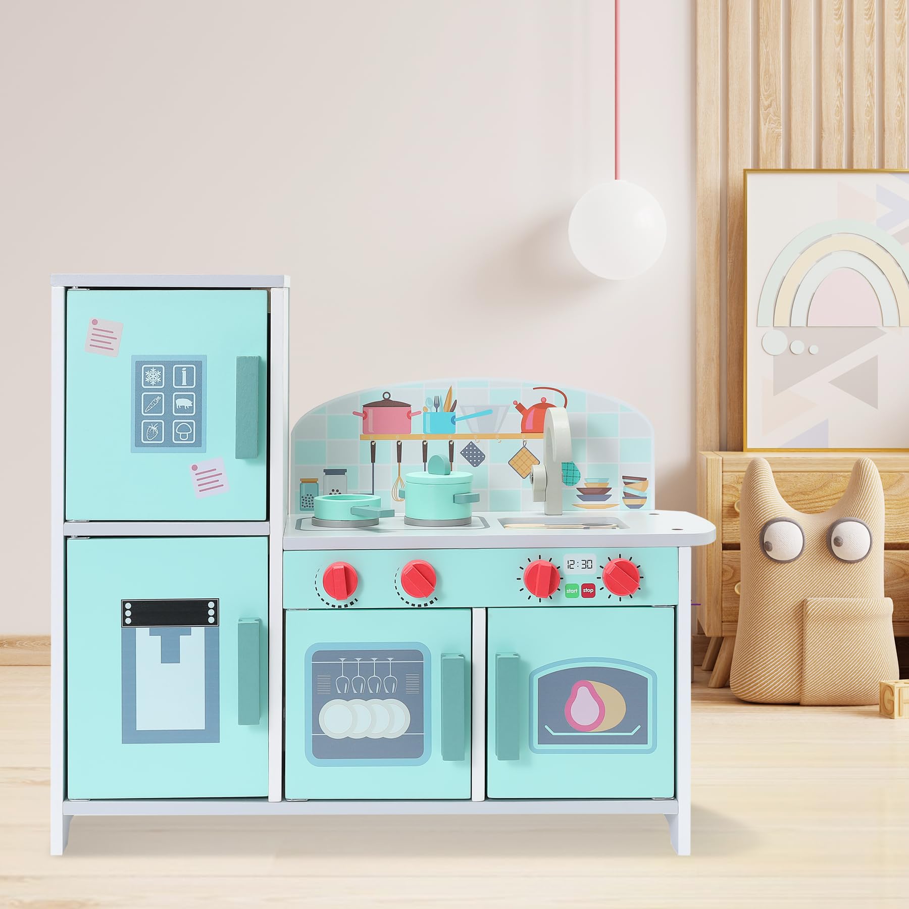 Cucina per bambini in legno con accessori, cucina per giochi di ruolo per bambini, set da gioco Mini Chef, set da gioco per cucina con cibo da gioco, frigorifero, forno, vano portaoggetti