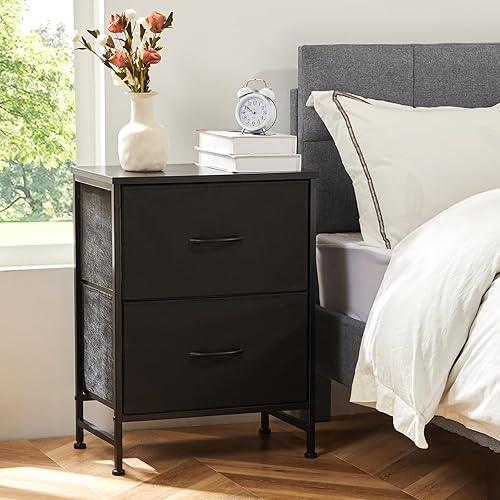 Miniatura 8 de Sweetcrispy Mesa auxiliar con 2 cajones para dormitorio, mesita de noche pequeña, muebles organizadores de almacenamiento, armario de tela, parte