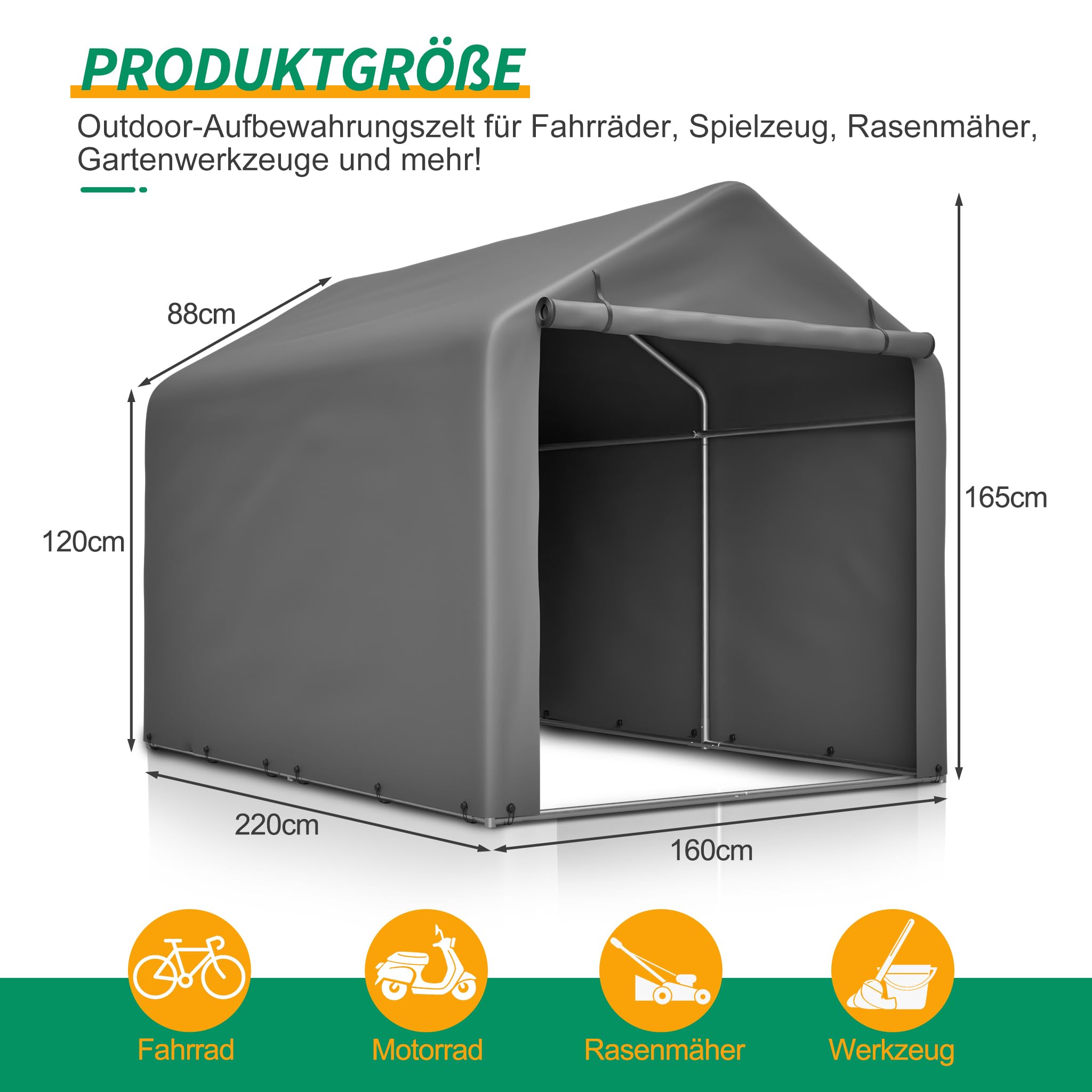 Fahrradgarage Wetterfest 160×220×165cm für 2-4 Fahrräder,Schneeschutz Motorradgarage mit UV-Beständig und Wasserdicht,Fahrrad Lagerzelt mit Outdoor-Schuppen für E-Bike,Ideal für Garten, Terrasse，Hof