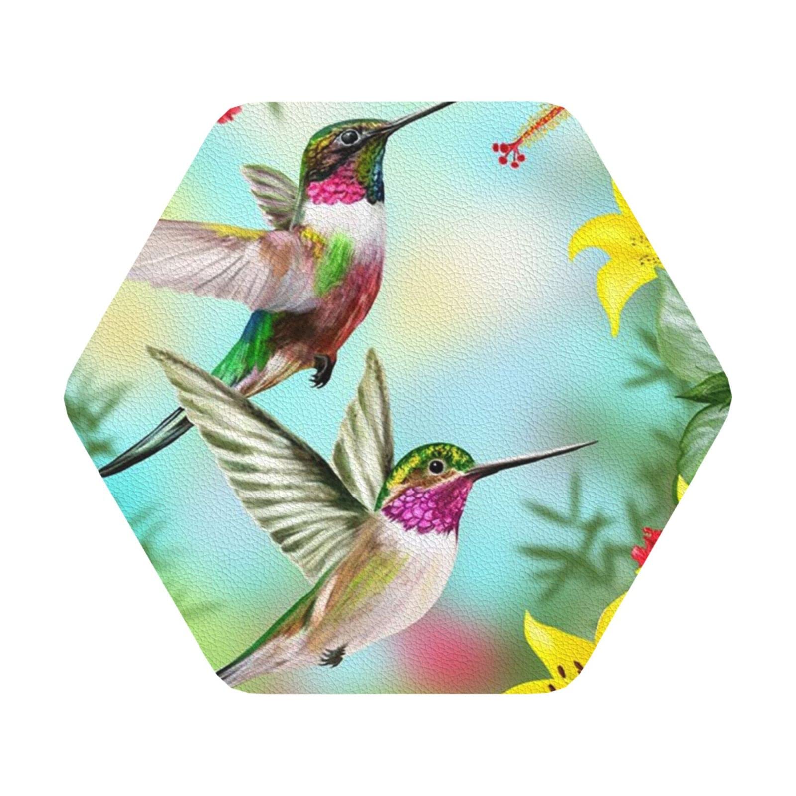 Hummingbirds Red Flower Hibiscus Leather Coasters Set â€“ Decorative And Easy-To-Clean Living Room Coasters Office Coasters Dining Room Coasters Beverage Coasters Heat Resistant Coaster