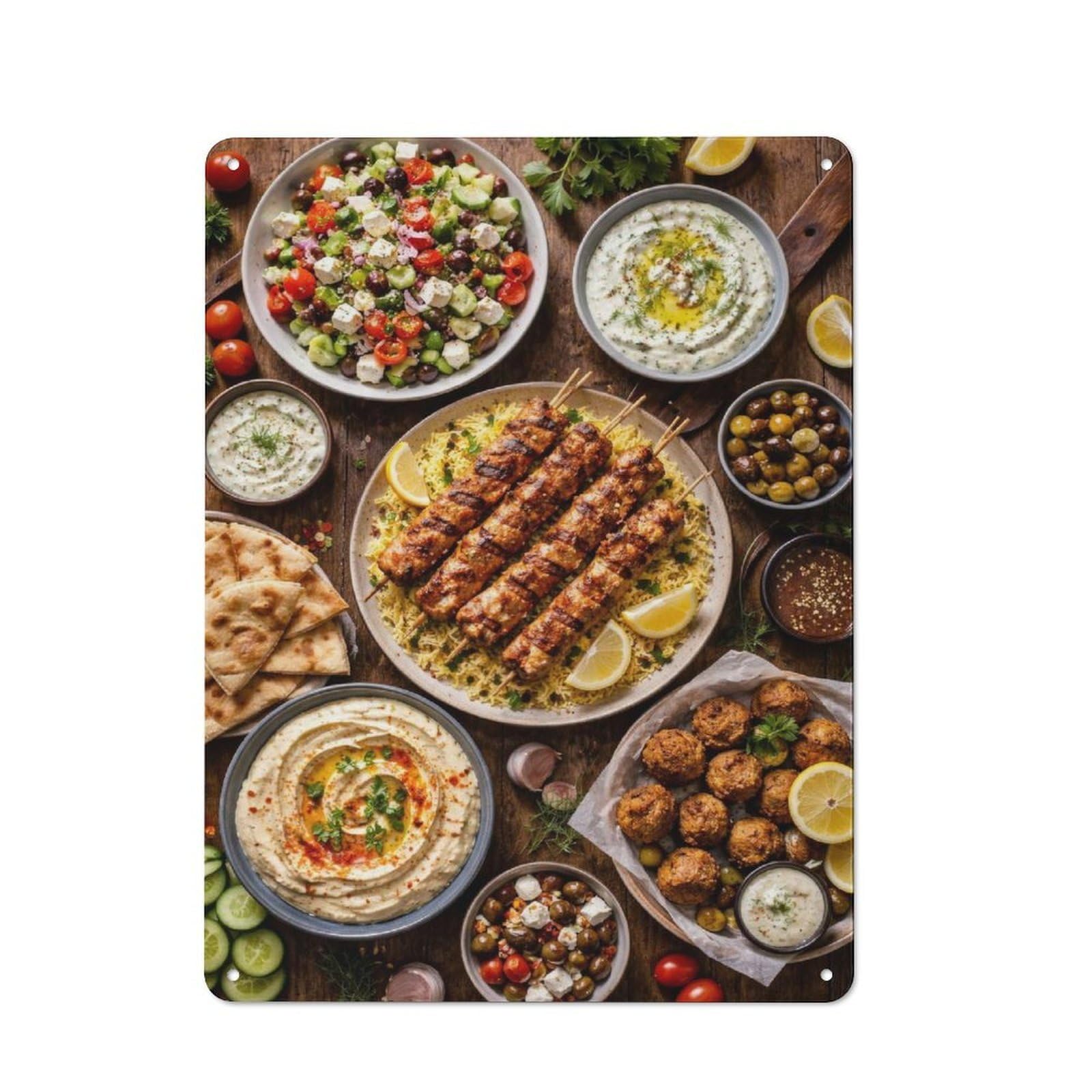 Junmoney Style-14 Mediterranean Feast With Kebabs And Dips Rustic Tin Sign 40X30cm For Hallway Wall, For Home Decor Fans Who Collect Metal Signs