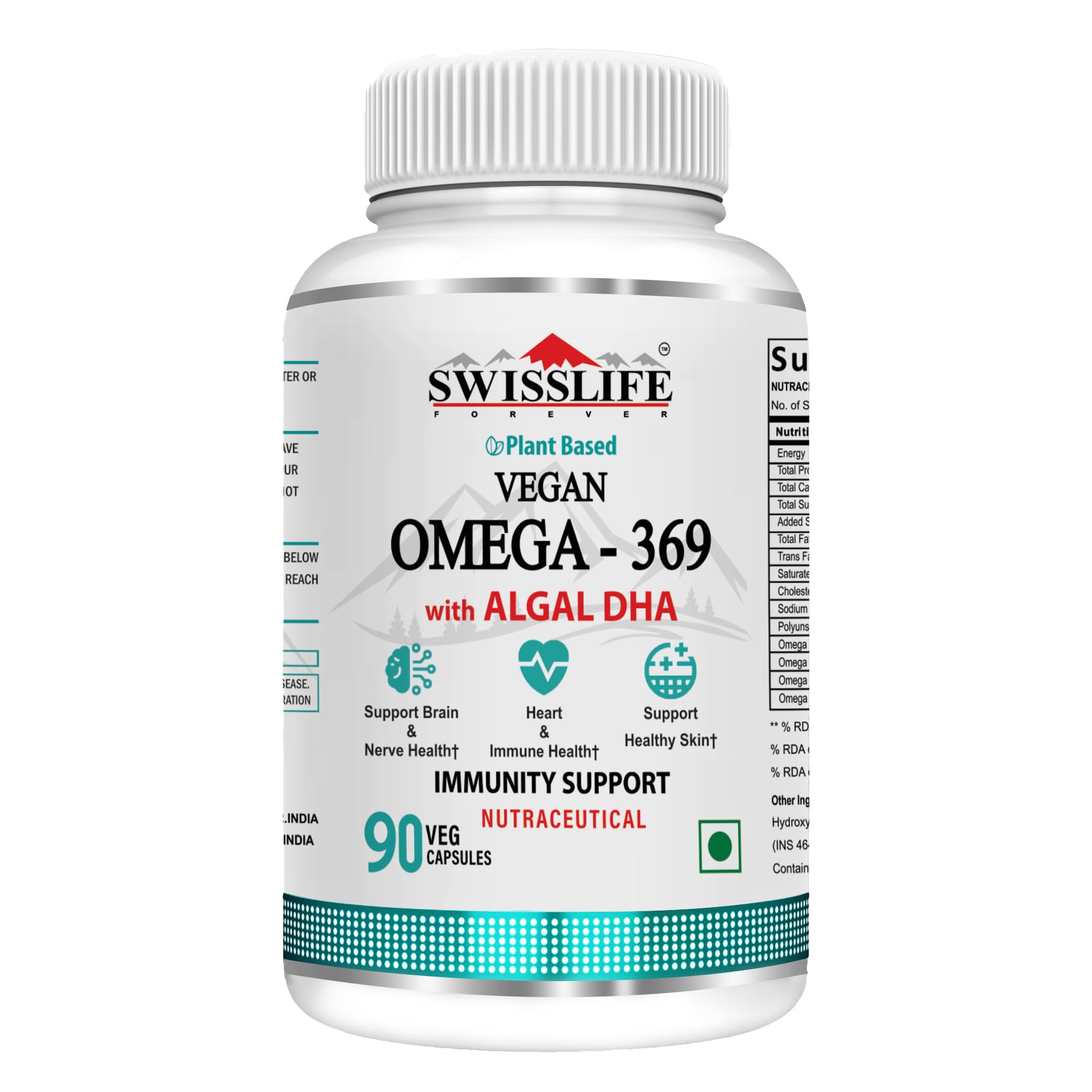 Plant Based Vegan Omega 3 6 9 with Algal DHA (90 Veg Capsules) | Support Brain, Nerve, Heart & Immune Health | Healthy Skin for Men & Women, 90 grams