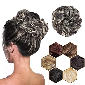 AISI BEAUTY 1PCS Messy Bun Hair Piece Tousled Updo Hair Extension With Elastic Rubber Band Hairpiece (Dark Brown Mix Bleach Blonde)