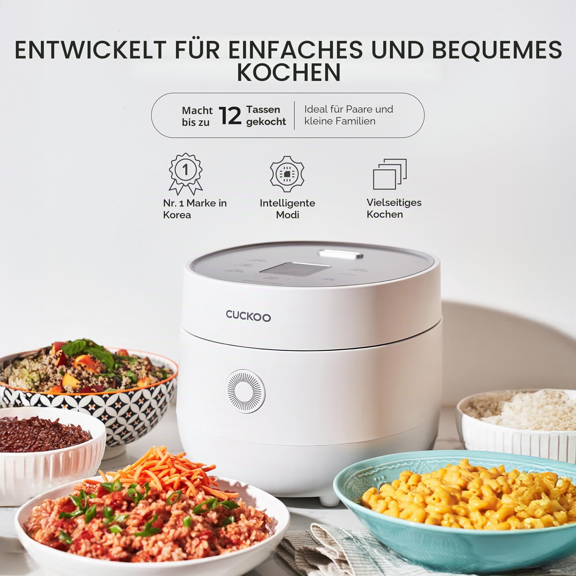 CUCKOO CR-0675FW Reiskocher für 6 Tassen (ungekocht) / 12 Tassen (gekocht) Micom Reiskocher mit antihaftbeschichtetem Innentopf, 13 Menümodi, LCD-Display, Fuzzy Logic Tech, Auto-Clean (weiß)