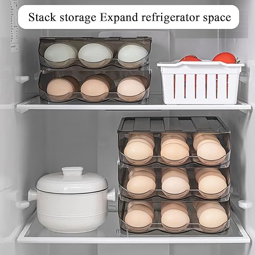 Vista 4 de Soporte para huevos para refrigerador, organizador de desplazamiento automático, contenedor de almacenamiento apilable de plástico reutilizable