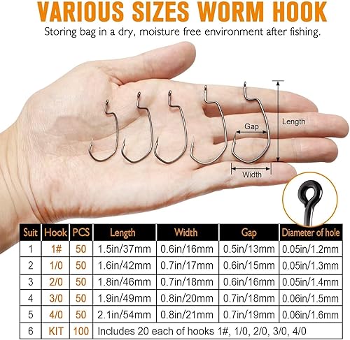 Miniatura 5 de Dovesun EWG - Ganchos de gusano compensados de Texas Rig Hooks Bass Hooks 100 unidades50 ganchos de pesca para agua dulce y salada 1 # 10 20 30 40