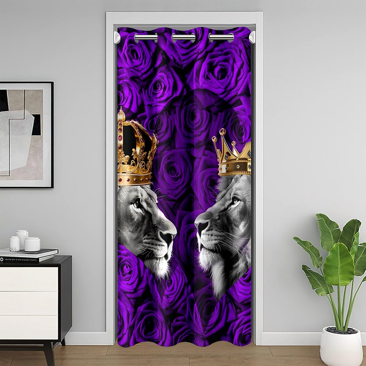 richhome Purple Rose Lion Door Curtain Gray Wild Animal Couple Gold Crown Doorway Curtain Privacy For Kids Teens Adults Retro Romantic Flowers Valentine's Day Drape For Bedroom Door Window42 W X80 L — image 1