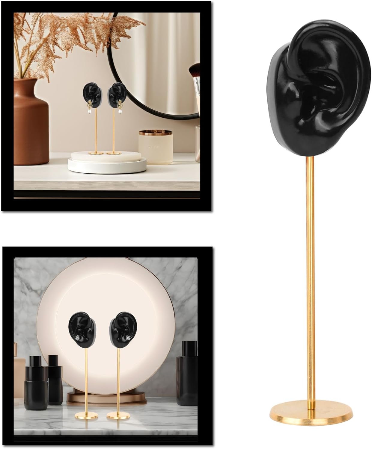 Ear Shaped Piercing Stud Holder Earring Display Stand, Copper Round Base Silicone Body Mannequin Model Organizer, Navel Rack for Girl Women Shows Jewelry Birthday Wedding Decor (Left&Right, Black)