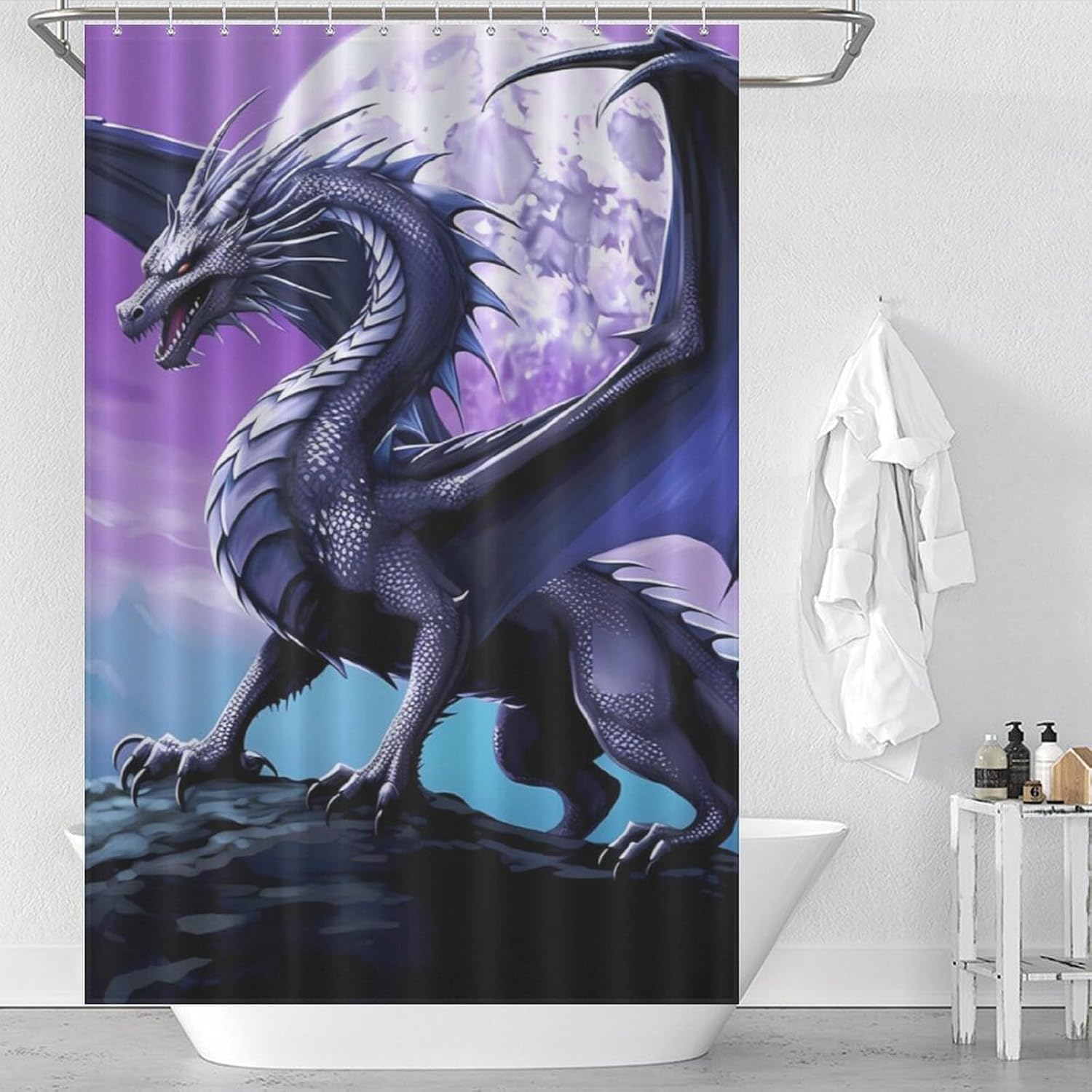 Dragon on Mountain Moon Funny Shower Curtains Washable Bath Curtain Liner with Hooks for Bathroom Bath Tubs