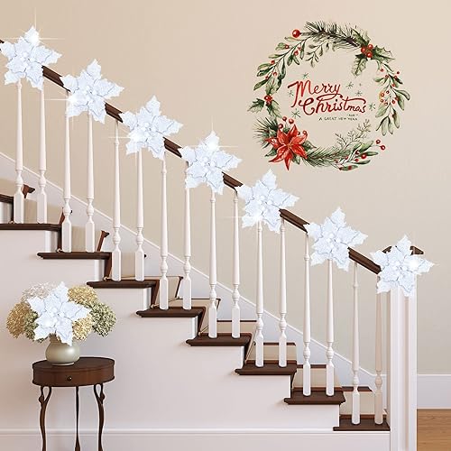 Miniatura 5 de Waydress 16 piezas de flores de Pascua artificiales con purpurina para árbol de Navidad, decoración de Navidad con tallo, corona de Navidad