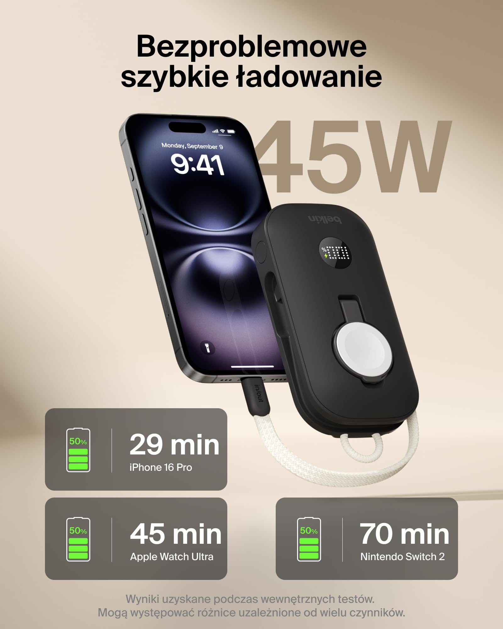 Belkin BoostCharge Pro Powerbank 10000mAh z Ładowarką do Zegarka Apple Watch, Przenośna Ładowarka z Wbudowanym Kablem USB-C w Oplocie i Wyświetlaczem Cyfrowym, 45 W, do Ładowania 3 Urządzeń – Czarny