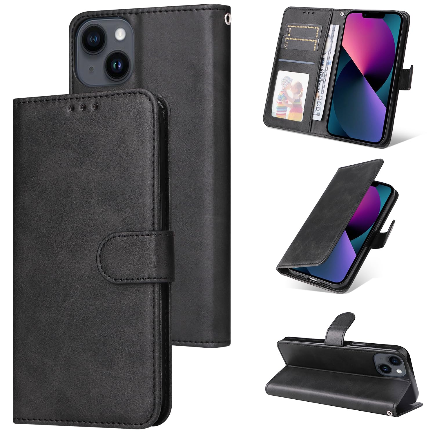 E-Lush Handyhülle für iPhone 13 Hülle Leder PU, Magnet Klapphülle Flip Wallet Kartenfach 360 Stoßfeste Schutzhülle für iPhone 13 Hülle mit Standfunktion, Schwarz
