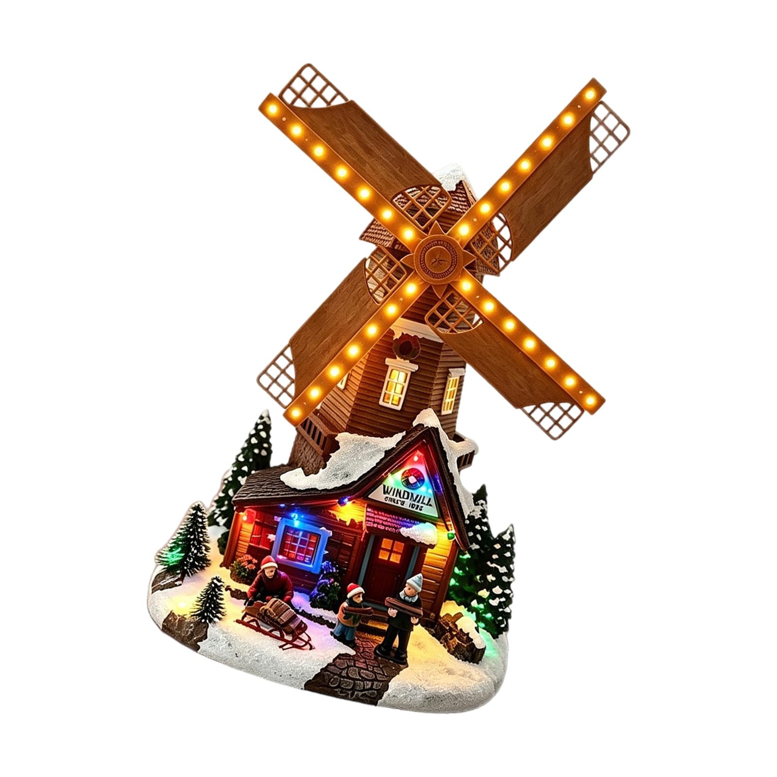 Tabletop Windmill Music Box Christmas Decor, Lighted Holiday Village House Ornament with USB or Battery Power for Mantel Shelf Display, 12.6 in Christmas Music Box Lighted Village Decor Windmill House