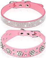 Vista 1 de 2 Piezas Collares de Cuero PU para Perro Rosa con Pedrería Collar para Mascotas con Patrón de Flores Collar para Perro con Tachuelas Ajustable