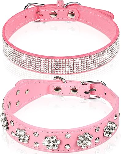 2 collares de piel sintética para perro, collar de perro con diamantes de imitación rosa, con patrón de flores, collar ajustable para cachorros,