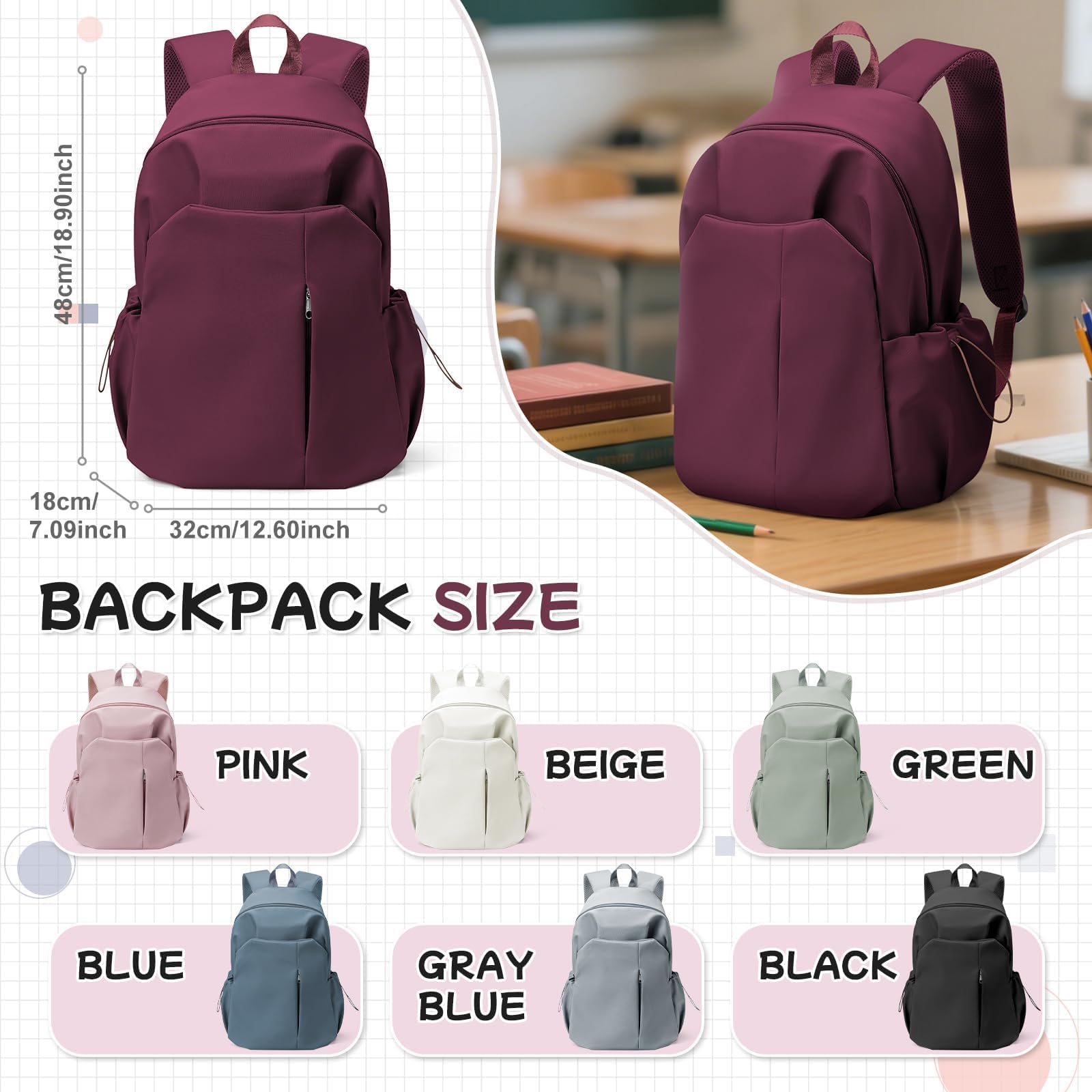HYC00 Zaino Scuola Media Ragazza Zaino da Scuola Superiore Leggero Zaino Università College Zaino Casual Daypack Backpack Zaini Scuola Cartella Impermeabile 14 Pollici Laptop Bag Zainetto Zaini Donna
